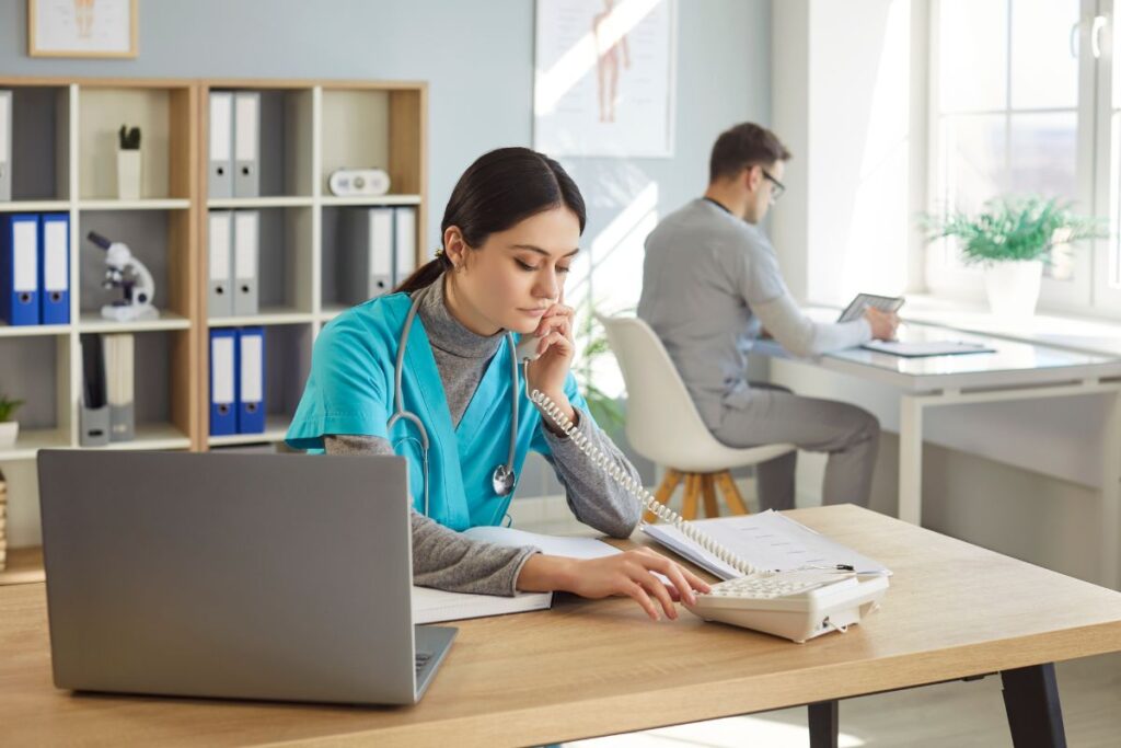 healthcare front-desk assitant handling calls