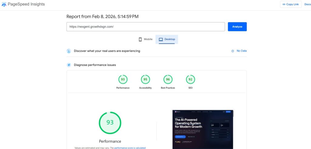 Pagespeed score for a custom-coded website built by Growth Design Studio