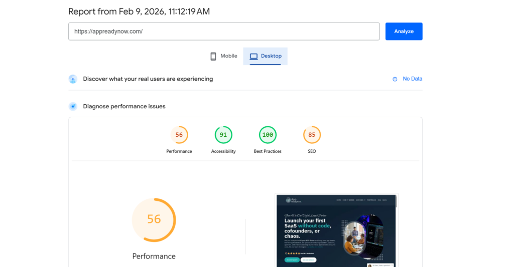 Google Pagespeed score of a Gohighlevel built site